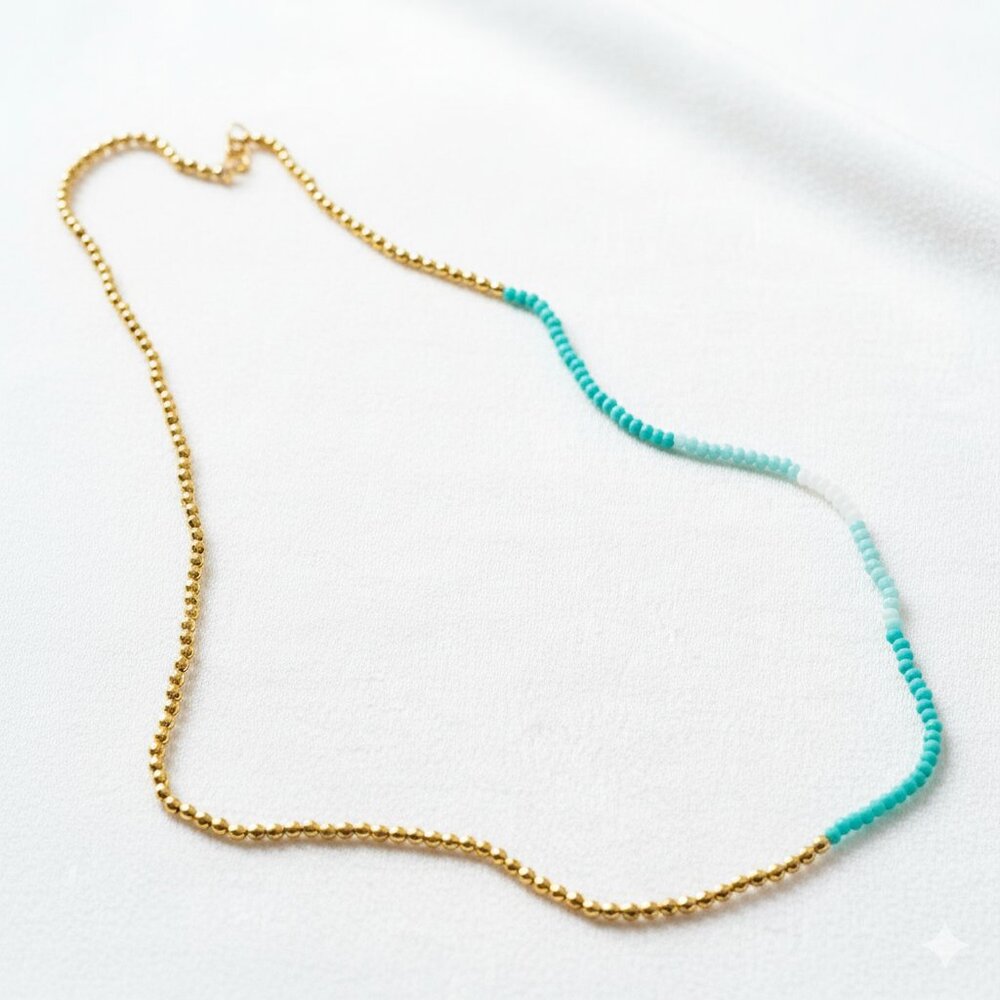 Gold Beaded Necklace Turquoise Teal Ombre Seed Bead Boho Layers Dainty Y2K